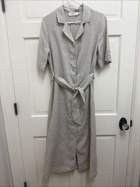 Linen Cream Button-Front Midi Dress with Tie Waist